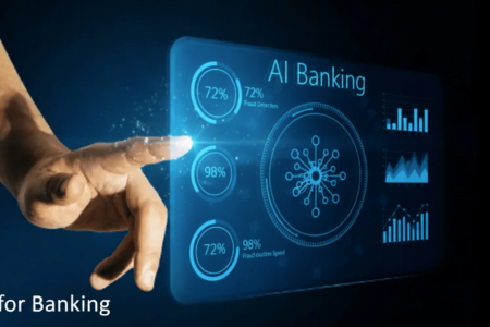 Human hand interacts with a holographic "AI for Banking" interface, displaying AI Technology for Digital Banking metrics