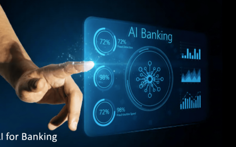 Human hand interacts with a holographic "AI for Banking" interface, displaying AI Technology for Digital Banking metrics