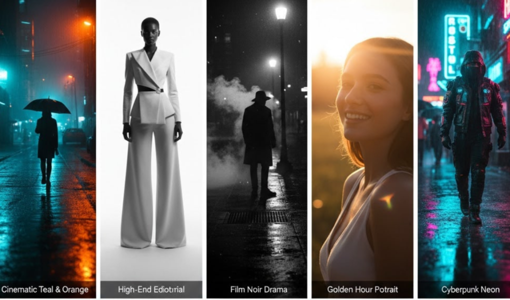 Stylish AI photo examples using Giminai Prompt — cinematic, editorial, noir, golden hour, and cyberpunk styles.