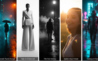 Stylish AI photo examples using Giminai Prompt — cinematic, editorial, noir, golden hour, and cyberpunk styles.