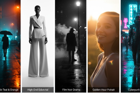 Stylish AI photo examples using Giminai Prompt — cinematic, editorial, noir, golden hour, and cyberpunk styles.