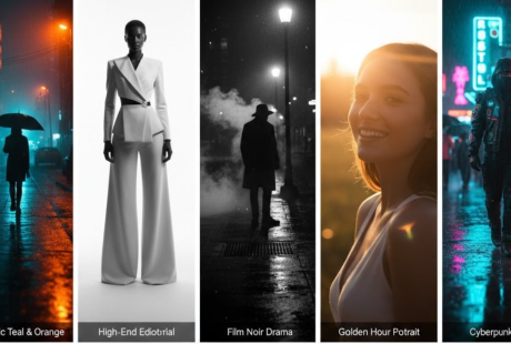 Stylish AI photo examples using Giminai Prompt — cinematic, editorial, noir, golden hour, and cyberpunk styles.