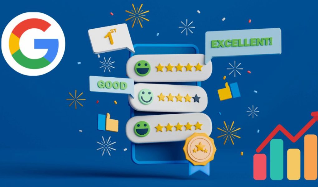 A celebratory image showcasing how to weave Google reviews into business success, featuring star ratings, positive feedback, and growth metrics.
