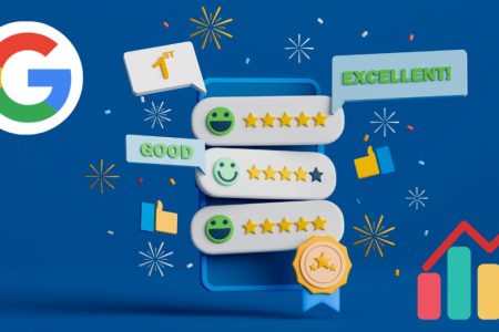 A celebratory image showcasing how to weave Google reviews into business success, featuring star ratings, positive feedback, and growth metrics.