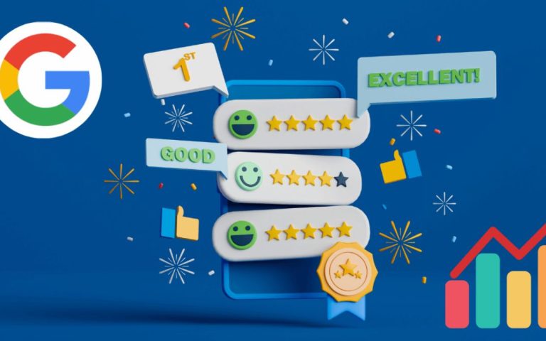 A celebratory image showcasing how to weave Google reviews into business success, featuring star ratings, positive feedback, and growth metrics.